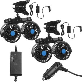 2 Sets 12v Car Fan Adjustable Dual Head Fan for Front Rear Seat 360° Rotatable Car Clip Fan Cooling Car Seat Fan with Stepless Speed Regulation and Cigarette Lighter Plug for Vehicles Suv Rv