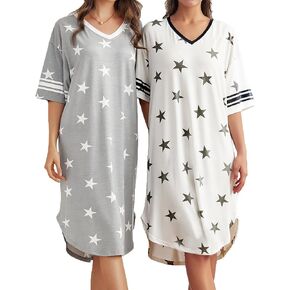 ft FENTENG 2-Pack Nightgowns for Women Sleepwear Loose Short Sleeve Nightdress V Neck Print Sleepshirts Comfy Nightshirt
