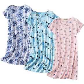 Inadays 3 Pack Women's Cotton Nightgown Sleepwear Short Sleeves Nightshirt Fun Print Sleepdress Loose Comfy Sleepshirts