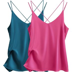 Ekouaer Womens Silk Satin Camisole Tank Tops V Neck Spaghetti Strap Blouses Cross Back Sleeveless Cami Shirt