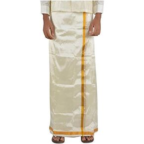 Art Silk Dhotis for Men with Gold Zari Border | Premium Double Layer Dhoti (1.28 x 3.6 Meters) with Angavastram / 8 Mulam Pattu Vesti for Men | Vesti Mundu Dhoti