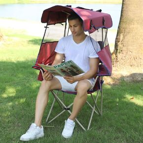 Camping Chair with Shade Canopy - Outdoor Folding Patio Chair - Includes Retractable Sun Shade, Cup Holder, Side Pockets (Army Green)