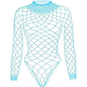 Fishnet Mesh Bodysuit for Women Cool Punk Goth Stretch Leotard Long Sleeve Rompers Tops for Girls
