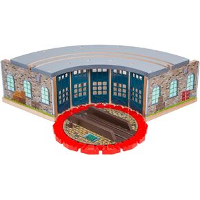 Orbrium Wooden Railway 5 Engine Bays, Rooftop Rails Full Size Roundhouse with 14-Ways Turntable Compatible with Thomas & Friends Brio Imaginarium Melissa Doug Engine Shed