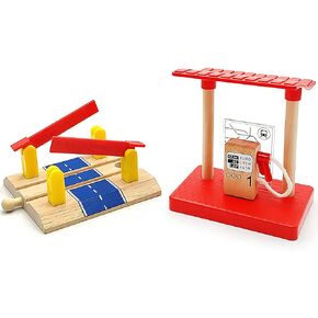 Wooden Train Track Accessories Wooden Crane Toy Set with Train Cars for 3 4 5 Year Old Boys Kids Other Major Wooden Rail Brands are Compatible (Street Crossings and Gas Station)