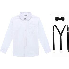 Bienzoe Boys Long Sleeve Shirt: School Uniform Oxford Button Down Cotton Tops Suspender Bowtie Pack