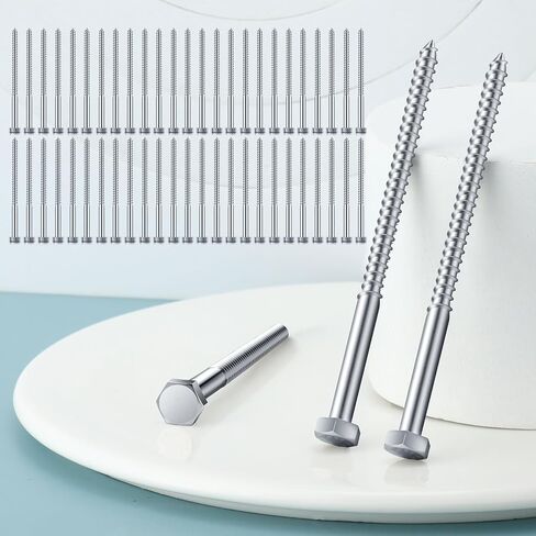 50 قطعة من مسامير التأخر من Blulu لمسامير الخشب ذات الرأس السداسي 304 مسامير من الفولاذ المقاوم للصدأ بخيط جزئي ومسامير خشبية ذاتية التنصت بلمسة نهائية سادة لمسامير الأثاث (1/4 × 4) in Kuwait