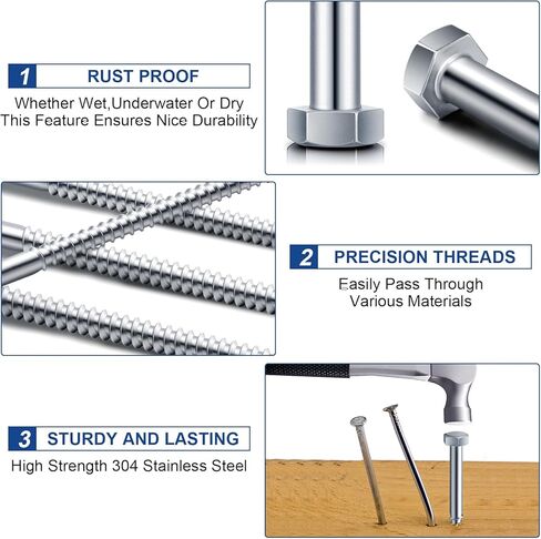 50 قطعة من مسامير التأخر من Blulu لمسامير الخشب ذات الرأس السداسي 304 مسامير من الفولاذ المقاوم للصدأ بخيط جزئي ومسامير خشبية ذاتية التنصت بلمسة نهائية سادة لمسامير الأثاث (1/4 × 4) in Kuwait