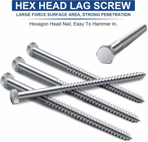 50 قطعة من مسامير التأخر من Blulu لمسامير الخشب ذات الرأس السداسي 304 مسامير من الفولاذ المقاوم للصدأ بخيط جزئي ومسامير خشبية ذاتية التنصت بلمسة نهائية سادة لمسامير الأثاث (1/4 × 4) in Kuwait