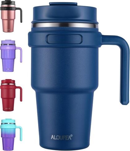 ALOUFEA 20 oz Insulated Coffee Mug Tumbler with Handle, Stainless Steel Travel Mug Tumbler with Lid and Straw,Double Wall Vacuum Leak Proof Ice Coffee Thermal Cup, Navy in Kuwait