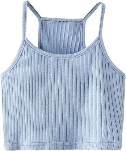 OYOANGLE Girl's Rib Knitted Spaghetti Straps Crop Cami Top Round Neck Sleeveless Solid Camisole Tops in Saudi Arabia