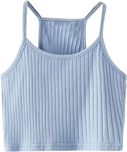 OYOANGLE Girl's Rib Knitted Spaghetti Straps Crop Cami Top Round Neck Sleeveless Solid Camisole Tops in Saudi Arabia