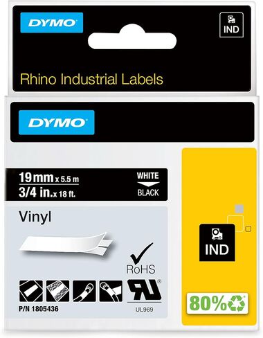 ملصقات فينيل صناعية من DYMO Rhino، مقاس 3/4 بوصة، طباعة بيضاء على شريط أسود in Saudi Arabia