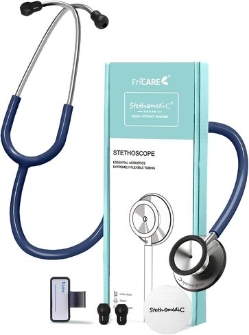 سماعة الطبيب FriCARE باللون الأزرق الداكن - سماعات الطبيب للممرضات للاستخدام الصحي المنزلي - ملحقات الإسعافات الأولية الكلاسيكية ذات الرأس المزدوج Estetoscopio أساسيات StethoMedic، جهاز مراقبة نبضات القلب أثناء الحمل للأطفال البالغين، 30 بوصة in Kuwait