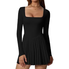 Memoriesea Women's Square Neck Long Sleeve Pleated Skirt Cocktail Party Club Mini Dress in Kuwait