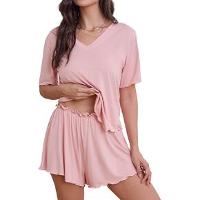 Bamboo Viscose Women's Pajama Sets 2 Piece Comfy Lounge Sets Soft T-shirt & Sleep Pjs Shorts with Rose Applique in Saudi Arabia