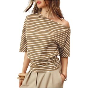 SweatyRocks Women's Striped Off Shoulder T Shirts Dolman Sleeve Ruched Knitted Tees in Saudi Arabia