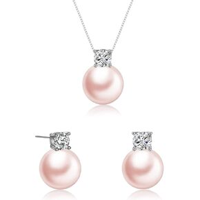 Sterling Silver Pearl Necklace and Earring Set - Wedding White/Pink Pearl Jewelry Set for Brides Women Bridal Bridesmaid Gifts in Saudi Arabia