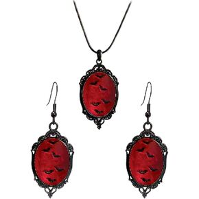Gothic Glass Pendant Necklace Earrings Set Vintage Vampire Bat Mystic Witch Black Raven Crow Pumpkin Embossed Jewelry Set for Women Punk Halloween Cosplay Party Fashion Costume Accessories in Kuwait