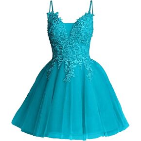 Women's Lace Appliques Homecoming Dresses Short Spaghetti Straps Tulle V Neck Mini Party Gowns for Teens Cg0029 in Kuwait
