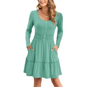 AUSELILY Womens Fall Dress 2025 Long Sleeve Tank Button Down Dresses Ruffle Tiered Smocked Elastic Waist Casual Mini Dress in Kuwait