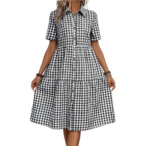 ebossy Women's Retro Plaid Shirt Dress Elegant Lapel Button Up Swing A line Flowy Gingham Mid Tunic Dress in Kuwait