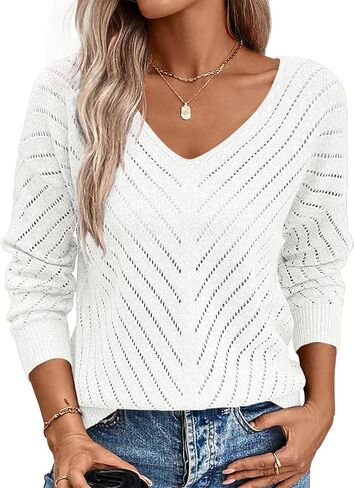 RANPHEE Lightweight Sweaters for Women 2025 Fall Long Sleeve V Neck Hollow Out Crochet Pullover Knit Shirts Daily Wear in Saudi Arabia