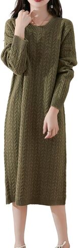 100% Merino Wool Sweater Dress Women's Long Sleeve Knitted O Neck Twists Pullover Fall Winter Loose Long Tops in Kuwait