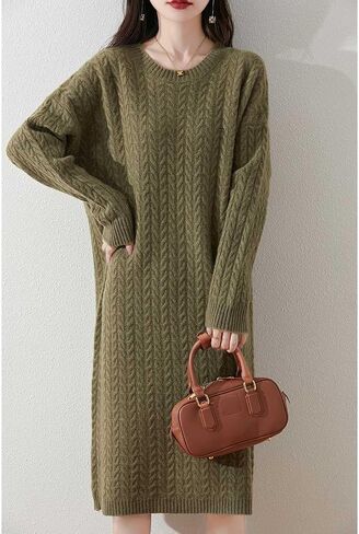 100% Merino Wool Sweater Dress Women's Long Sleeve Knitted O Neck Twists Pullover Fall Winter Loose Long Tops in Kuwait
