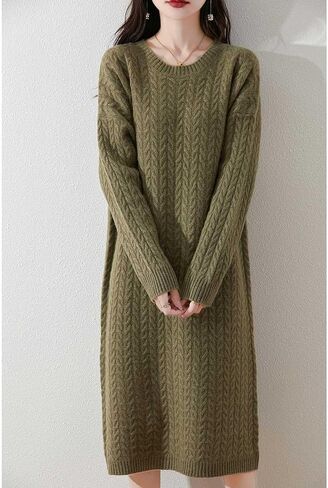 100% Merino Wool Sweater Dress Women's Long Sleeve Knitted O Neck Twists Pullover Fall Winter Loose Long Tops in Kuwait