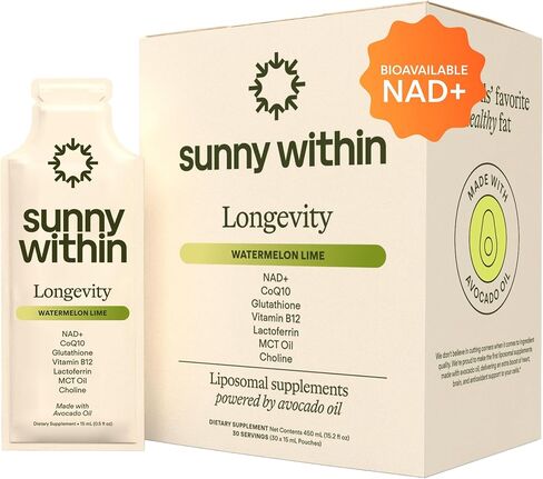 Longevity - Cellular Health Supplement w/Bioavailable Liquid NAD+, Glutathione, CoQ10, B12, MCT, Avocado Oil - Energy, Detox, Brain, Skin, Gut, & Heart Support* - 30 Pouches in Saudi Arabia