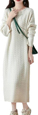 100% Merino Wool Sweater Dress Women's Long Sleeve Knitted O Neck Twists Pullover Fall Winter Loose Long Tops in Kuwait