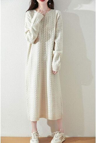 100% Merino Wool Sweater Dress Women's Long Sleeve Knitted O Neck Twists Pullover Fall Winter Loose Long Tops in Kuwait