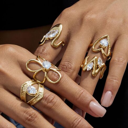 Gold-Plated Butterfly Ring with Dangling Chains and Cubic Zirconia, Adjustable Statement Ring,Cocktail Party Minimalist Ring for Women in Kuwait