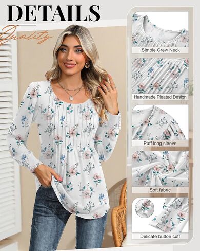 Ficerd Women's Puff Long Sleeve Tunic Tops Pleated Crew Neck Blouses Dressy Casual Loose Fit Fall and Winter Shirts in Saudi Arabia