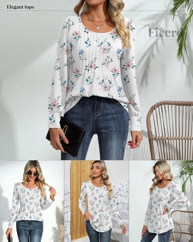 Ficerd Women's Puff Long Sleeve Tunic Tops Pleated Crew Neck Blouses Dressy Casual Loose Fit Fall and Winter Shirts in Saudi Arabia