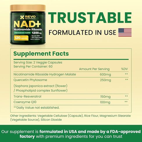 NAD+ مكمل نيكوتيناميد ريبوسيد 1200 مجم مع ريسفيراترول وCoQ10 - 120 كبسولة | تعزيز مستويات NAD+ والطاقة الخلوية ودعم الشيخوخة الصحية | ملحق NR المميز in Saudi Arabia