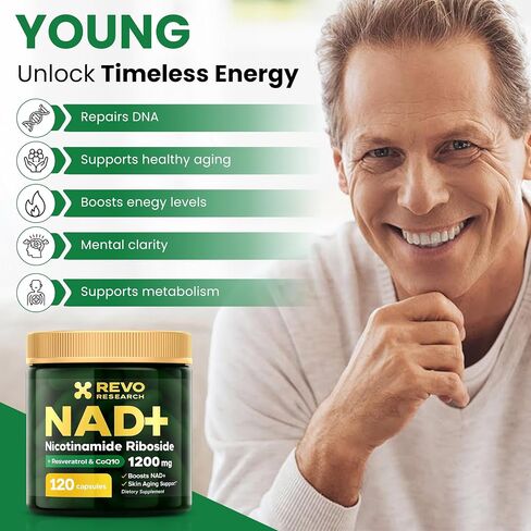 NAD+ مكمل نيكوتيناميد ريبوسيد 1200 مجم مع ريسفيراترول وCoQ10 - 120 كبسولة | تعزيز مستويات NAD+ والطاقة الخلوية ودعم الشيخوخة الصحية | ملحق NR المميز in Saudi Arabia
