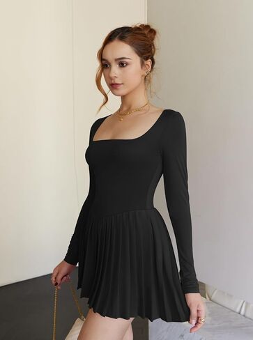 Memoriesea Women's Square Neck Long Sleeve Pleated Skirt Cocktail Party Club Mini Dress in Saudi Arabia