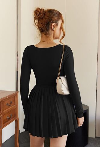 Memoriesea Women's Square Neck Long Sleeve Pleated Skirt Cocktail Party Club Mini Dress in Saudi Arabia