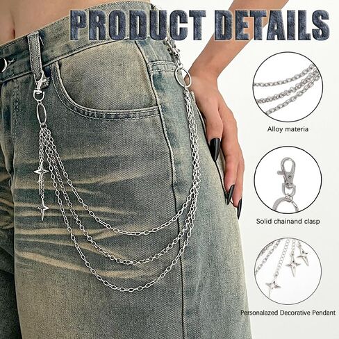 Punk Star Pants Chain Belt Chain Hip Hop Metal Trousers Pocket Wallet Chains Layered Acrylic Keychains Rock and Roll Jeans Chains Gothic Accessories for Women Men in Saudi Arabia