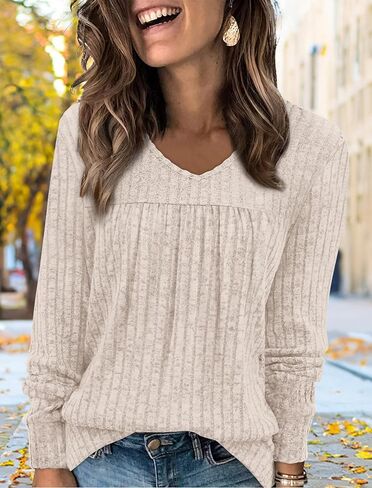 Long Sleeve Shirts for Women V Neck Lightweight Sweaters Casual Tunic Tops Outfits Fall Fashion Clothes 2025 in Saudi Arabia