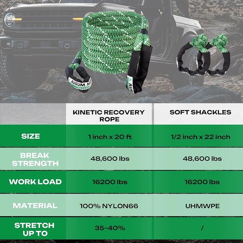 1" x 30ft Kinetic Recovery Rope, 48600lbs Break Strength, Kinetic Tow Rope kit with 2 UHMWPE Soft Shackles, 35% Elasticity Heavy-Duty Offroad Recovery Kit for Jeep ATV UTV SUV Truck Green in Saudi Arabia