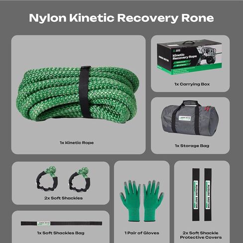1" x 30ft Kinetic Recovery Rope, 48600lbs Break Strength, Kinetic Tow Rope kit with 2 UHMWPE Soft Shackles, 35% Elasticity Heavy-Duty Offroad Recovery Kit for Jeep ATV UTV SUV Truck Green in Saudi Arabia