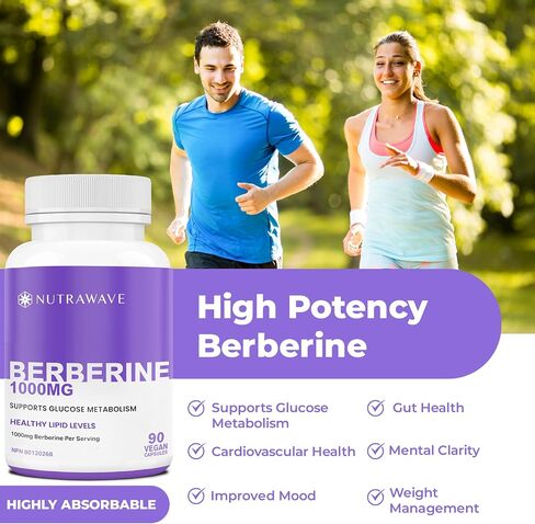 Nutrawave PURE Berberine أقصى قدر من الفعالية - يدعم مستويات السكر في الدم والتمثيل الغذائي، 1000 مجم لكل وجبة - كبسولتان - للبالغين الذين يبحثون عن دعم الجلوكوز الطبيعي - غير معدل وراثيًا، نباتي - عبوة واحدة in Saudi Arabia