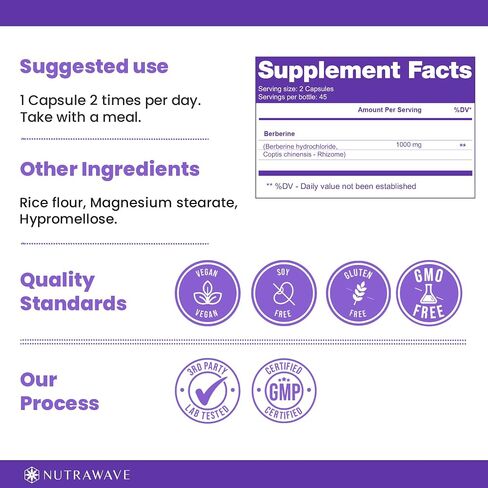 Nutrawave PURE Berberine أقصى قدر من الفعالية - يدعم مستويات السكر في الدم والتمثيل الغذائي، 1000 مجم لكل وجبة - كبسولتان - للبالغين الذين يبحثون عن دعم الجلوكوز الطبيعي - غير معدل وراثيًا، نباتي - عبوة واحدة in Saudi Arabia