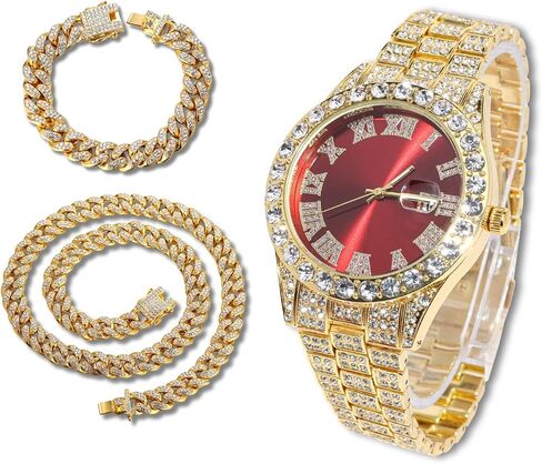 ساعة ماسية للرجال للرجال بمينا أخضر/أزرق/أحمر بعرض 18 مم، سوار معصم عريض 18 قيراط من الذهب الحقيقي/الذهب الأبيض المطلي بالبلاتينيوم، مع مجموعة سلسلة ربط كوبية اختيارية، هدية للزوج الصديق in Kuwait