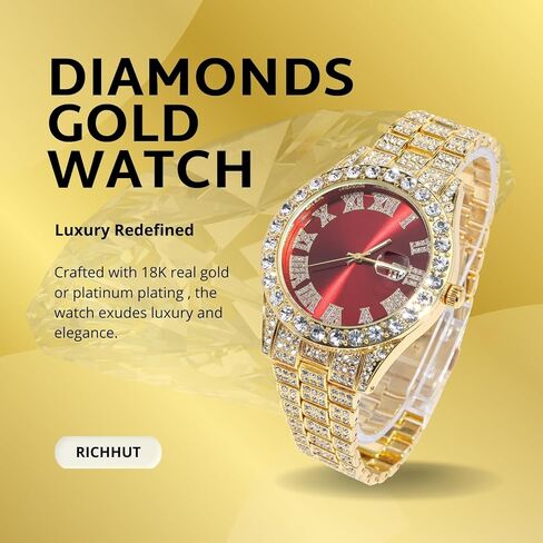 ساعة ماسية للرجال للرجال بمينا أخضر/أزرق/أحمر بعرض 18 مم، سوار معصم عريض 18 قيراط من الذهب الحقيقي/الذهب الأبيض المطلي بالبلاتينيوم، مع مجموعة سلسلة ربط كوبية اختيارية، هدية للزوج الصديق in Kuwait