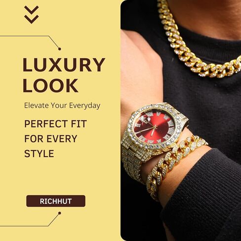 ساعة ماسية للرجال للرجال بمينا أخضر/أزرق/أحمر بعرض 18 مم، سوار معصم عريض 18 قيراط من الذهب الحقيقي/الذهب الأبيض المطلي بالبلاتينيوم، مع مجموعة سلسلة ربط كوبية اختيارية، هدية للزوج الصديق in Kuwait