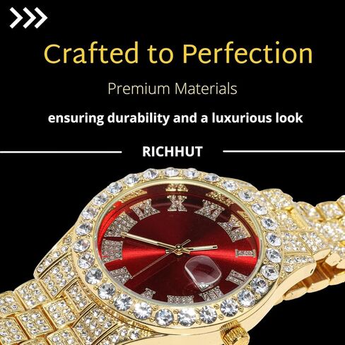 ساعة ماسية للرجال للرجال بمينا أخضر/أزرق/أحمر بعرض 18 مم، سوار معصم عريض 18 قيراط من الذهب الحقيقي/الذهب الأبيض المطلي بالبلاتينيوم، مع مجموعة سلسلة ربط كوبية اختيارية، هدية للزوج الصديق in Kuwait